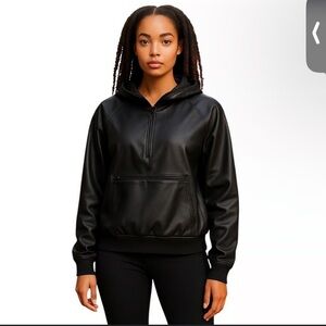 Maison d'Amelie Black Faux Leather Half Zip Pullover Hooded pullover size S